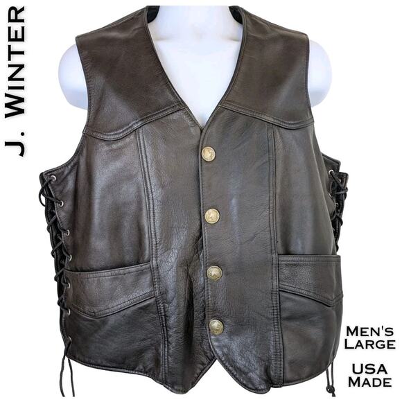 J Winter Leather Biker Vest Large Brown Western Yoke Lace Up Buffalo Snaps USA - Picture 1 of 12
